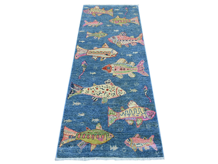 2'6" x 6'2" New Hand Knotted Blue Wool Runner Oriental Rug - MOA10221794