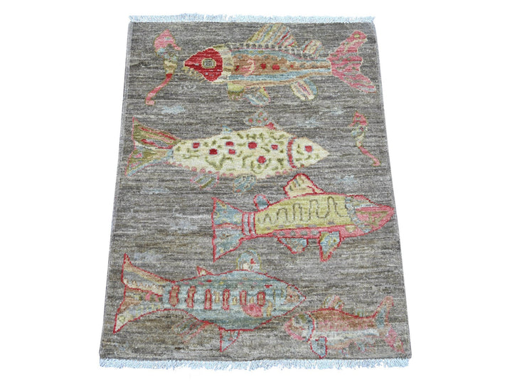 2'1" x 2'10" New Hand Knotted Grey Wool Rectangle Oriental Rug - MOA10221795