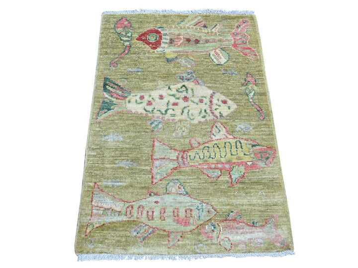 1'11" x 2'9" New Hand Knotted Green Wool Rectangle Oriental Rug - MOA10221796