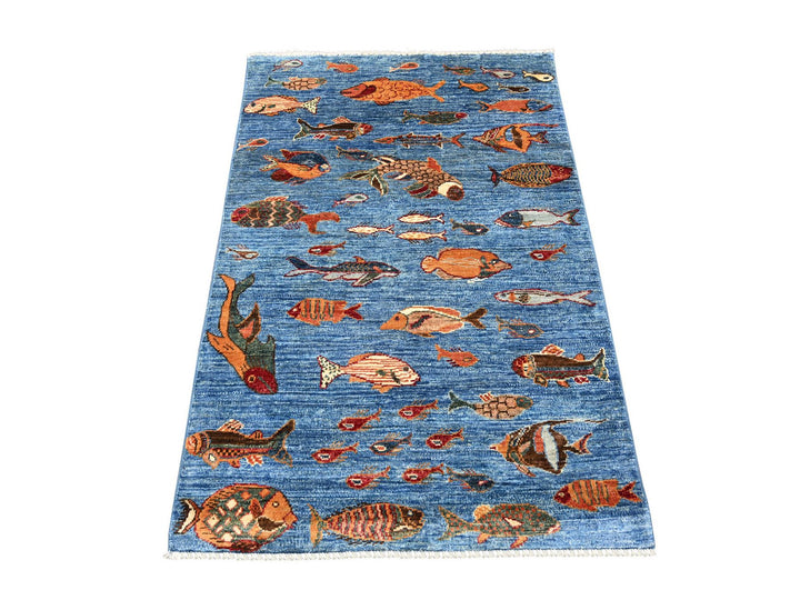 3'3" x 4'10" New Hand Knotted Blue Wool Rectangle Oriental Rug - MOA10221844