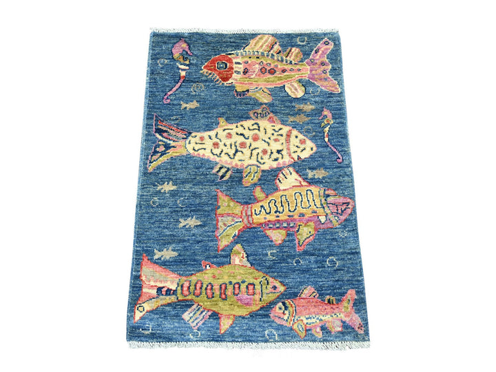 1'11" x 2'11" New Hand Knotted Blue Wool Rectangle Oriental Rug - MOA10221846