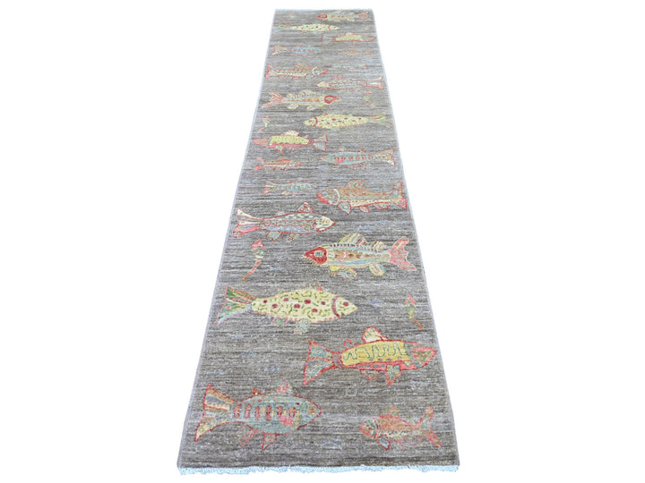 2'6" x 11'6" New Hand Knotted Brown Wool Runner Oriental Rug - MOA10221847