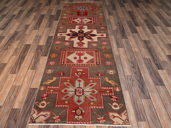 2'10" x 8'10" Vintage Hand Knotted Brown Wool Runner Oriental Rug - MOA1022185
