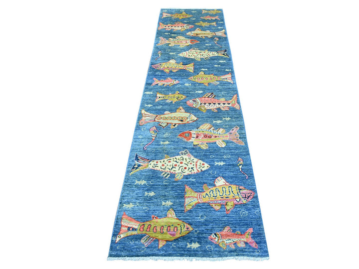 2'7" x 9'10" New Hand Knotted Blue Wool Runner Oriental Rug - MOA10221862