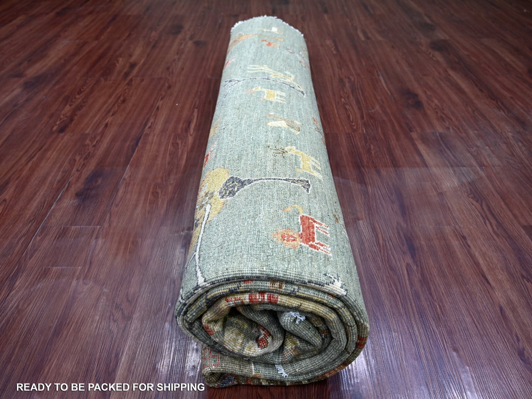10'1" x 10'3" New Hand Knotted Green Wool Round Oriental Rug - MOA10221888