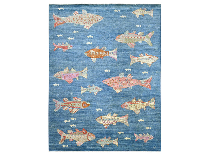 8'11" x 11'9" New Hand Knotted Blue Wool Rectangle Oriental Rug - MOA10221889