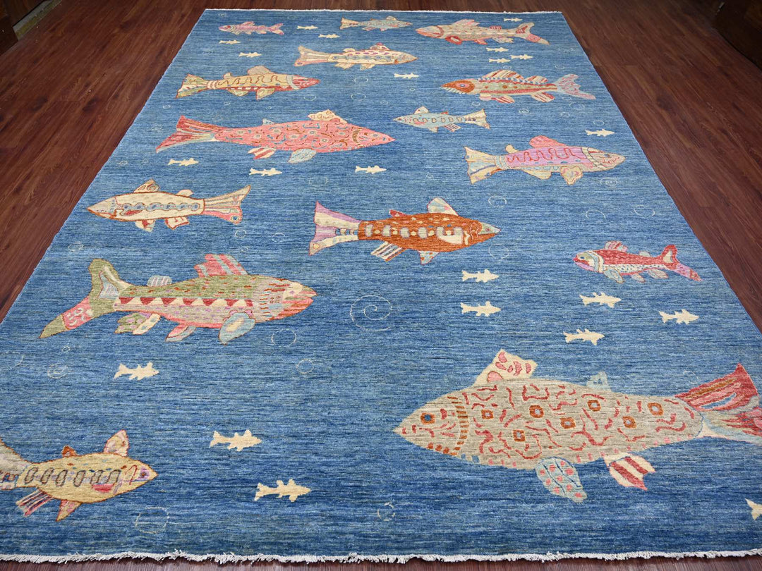 8'11" x 11'9" New Hand Knotted Blue Wool Rectangle Oriental Rug - MOA10221889