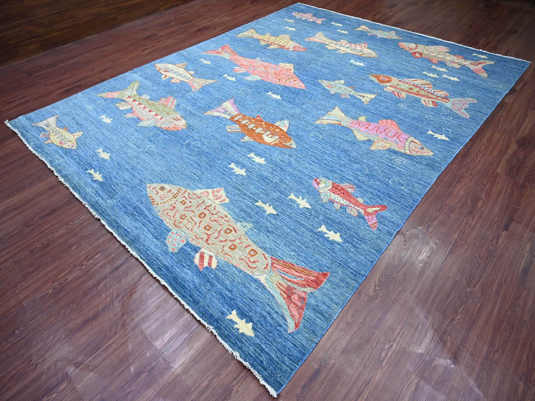 8'11" x 11'9" New Hand Knotted Blue Wool Rectangle Oriental Rug - MOA10221889