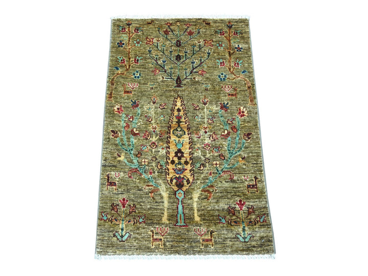 1'11" x 3'2" New Hand Knotted Green Wool Rectangle Oriental Rug - MOA10221973