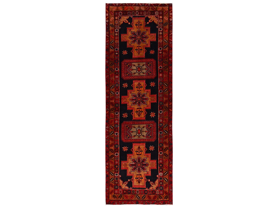 3'2" x 10'7" Vintage Hand Knotted Black Wool Runner Oriental Rug - MOA1022197