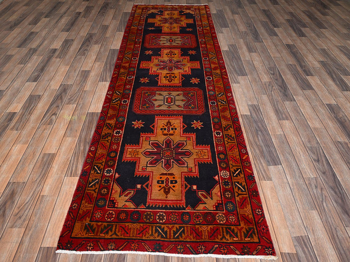 3'2" x 10'7" Vintage Hand Knotted Black Wool Runner Oriental Rug - MOA1022197