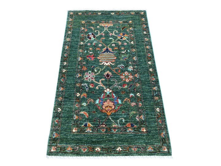 2'11" x 4'11" New Hand Knotted Green Wool Rectangle Oriental Rug - MOA10222041