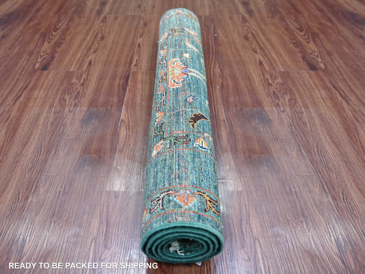 2'11" x 4'11" New Hand Knotted Green Wool Rectangle Oriental Rug - MOA10222041