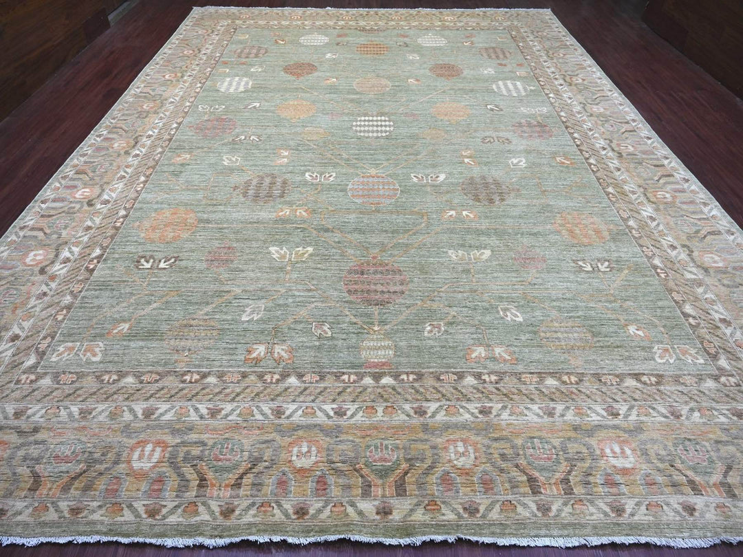 11'7" x 15'4" New Hand Knotted Green Wool Rectangle Oriental Rug - MOA10222131