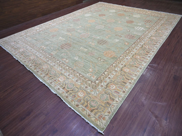 11'7" x 15'4" New Hand Knotted Green Wool Rectangle Oriental Rug - MOA10222131
