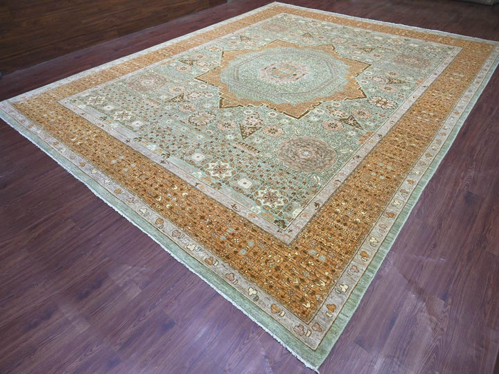 12'1" x 15'6" New Hand Knotted Green Wool Rectangle Oriental Rug - MOA10222140