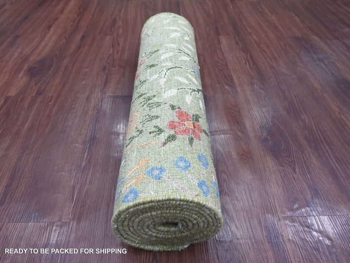 2'6" x 9'10" New Hand Knotted Green Wool Runner Oriental Rug - MOA10222160