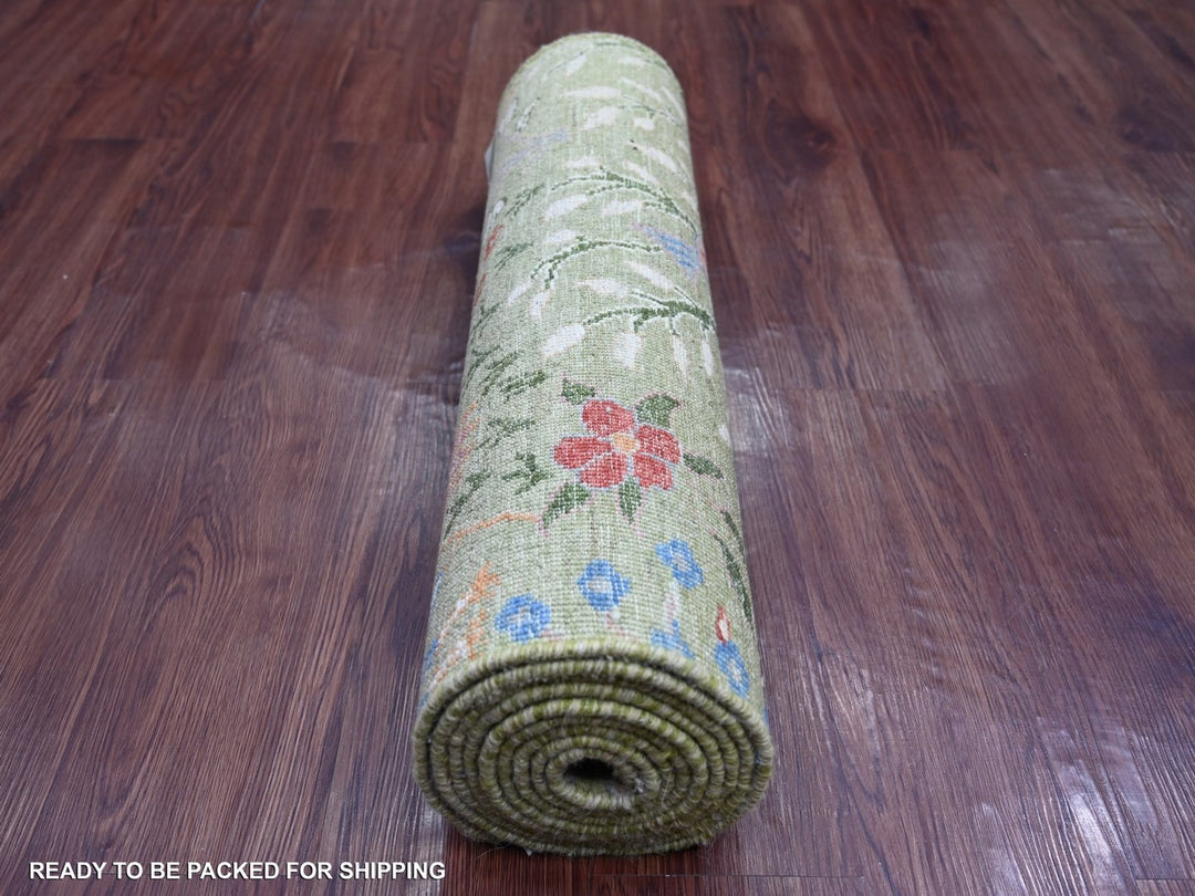 2'6" x 10'0" New Hand Knotted Green Wool Runner Oriental Rug - MOA10222162