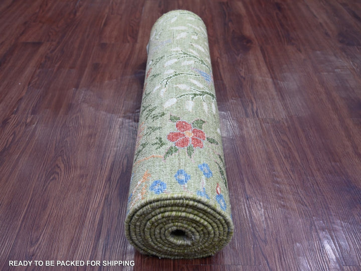 2'6" x 10'0" New Hand Knotted Green Wool Runner Oriental Rug - MOA10222162