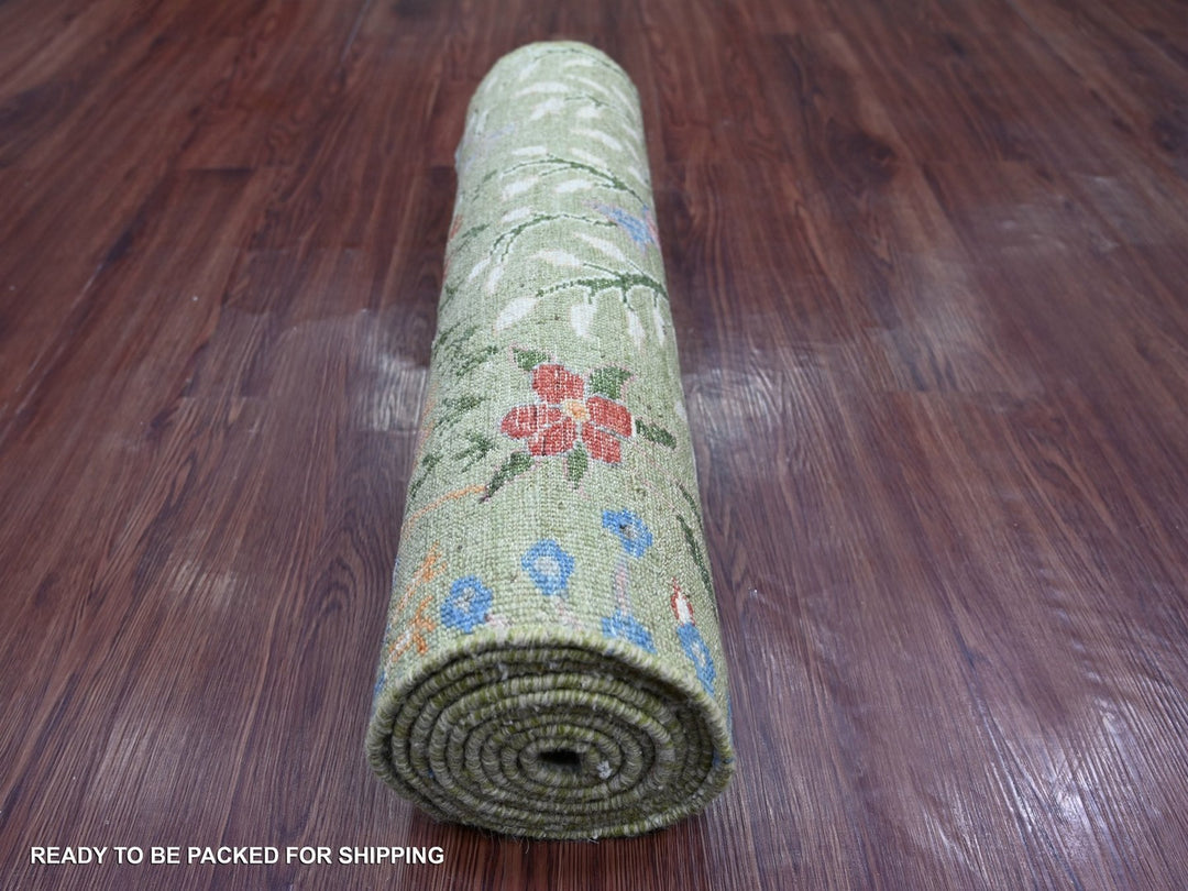 2'6" x 10'0" New Hand Knotted Green Wool Runner Oriental Rug - MOA10222163