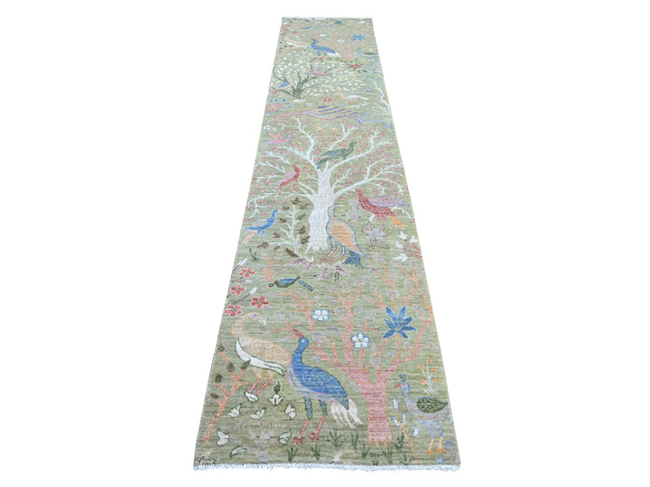 2'6" x 12'3" New Hand Knotted Green Wool Runner Oriental Rug - MOA10222164
