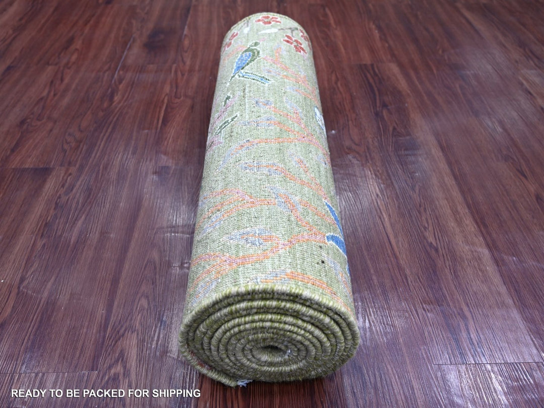 2'6" x 12'3" New Hand Knotted Green Wool Runner Oriental Rug - MOA10222164