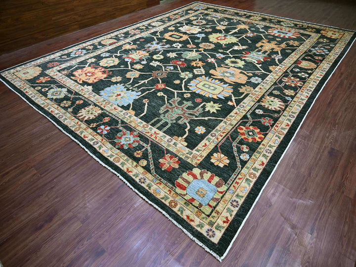 12'1" x 15'7" New Hand Knotted Green Wool Rectangle Oriental Rug - MOA10222184