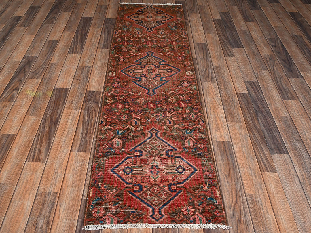 1'10" x 6'10" Vintage Hand Knotted Red Wool Runner Oriental Rug - MOA1022218