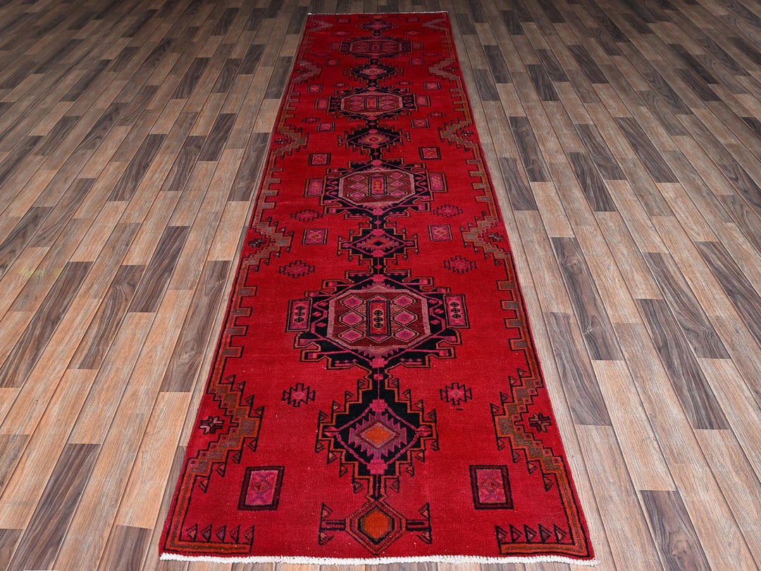 3'1" x 12'4" Vintage Hand Knotted Red Wool Runner Oriental Rug - MOA1022220