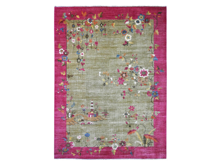 9'0" x 11'9" New Hand Knotted Green Wool Rectangle Oriental Rug - MOA10222229