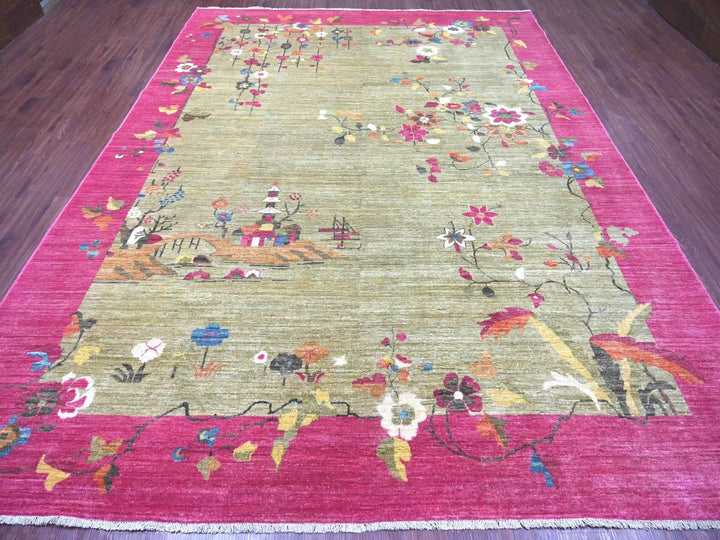 9'0" x 11'9" New Hand Knotted Green Wool Rectangle Oriental Rug - MOA10222229