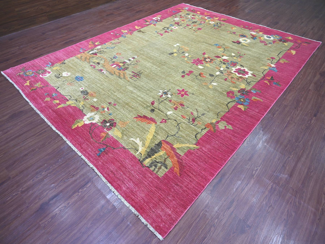 9'0" x 11'9" New Hand Knotted Green Wool Rectangle Oriental Rug - MOA10222229