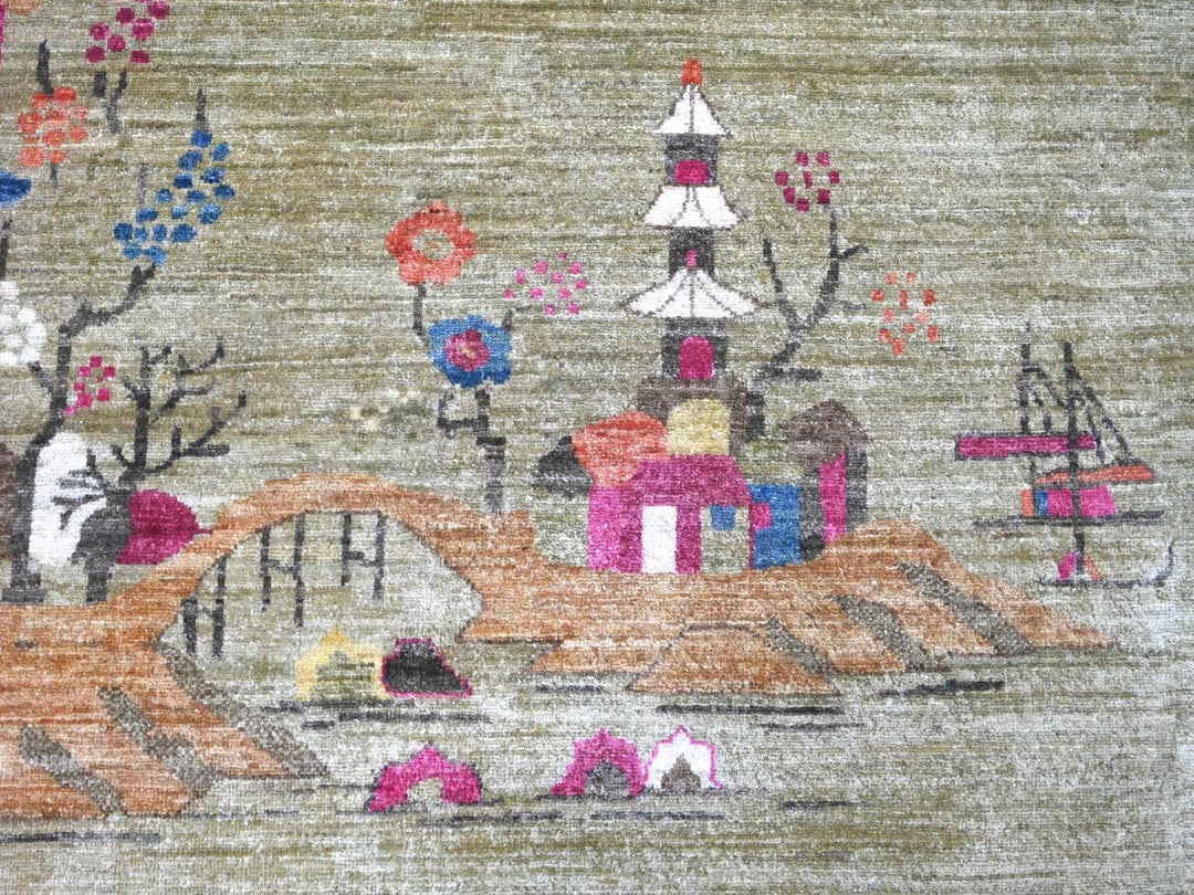 9'0" x 11'9" New Hand Knotted Green Wool Rectangle Oriental Rug - MOA10222229