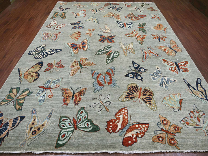 8'11" x 11'9" New Hand Knotted Grey Wool Rectangle Oriental Rug - MOA10222246