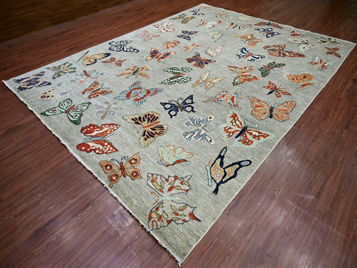 8'11" x 11'9" New Hand Knotted Grey Wool Rectangle Oriental Rug - MOA10222246