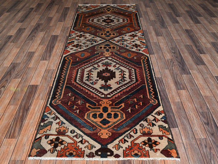 3'1" x 9'0" Vintage Hand Knotted Ivory Wool Runner Oriental Rug - MOA1022229
