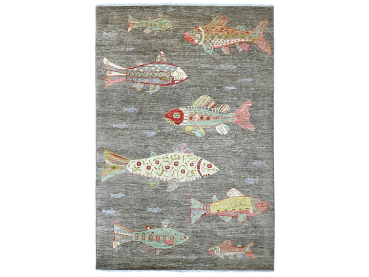 5'11" x 8'10" New Hand Knotted Grey Wool Rectangle Oriental Rug - MOA10222303