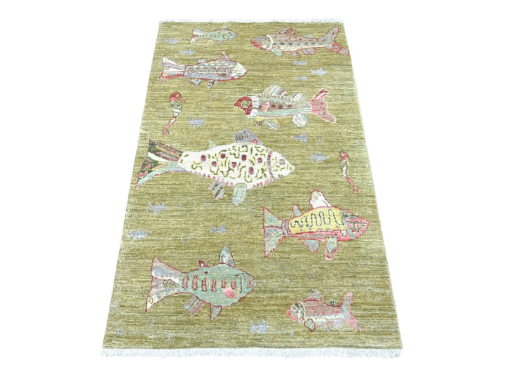 3'2" x 5'1" New Hand Knotted Green Wool Rectangle Oriental Rug - MOA10222304