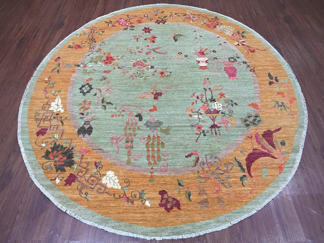 7'11" x 8'2" New Hand Knotted Green Wool Round Oriental Rug - MOA10222334