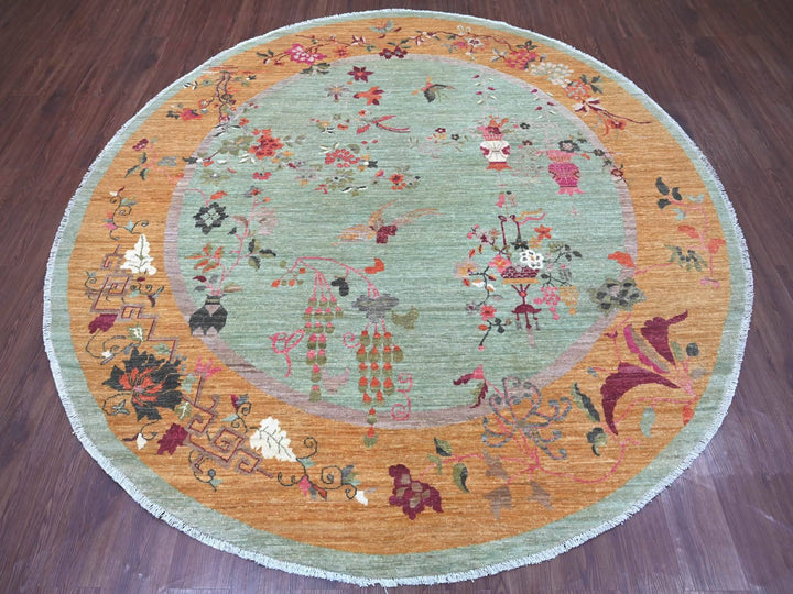 7'11" x 8'2" New Hand Knotted Green Wool Round Oriental Rug - MOA10222334