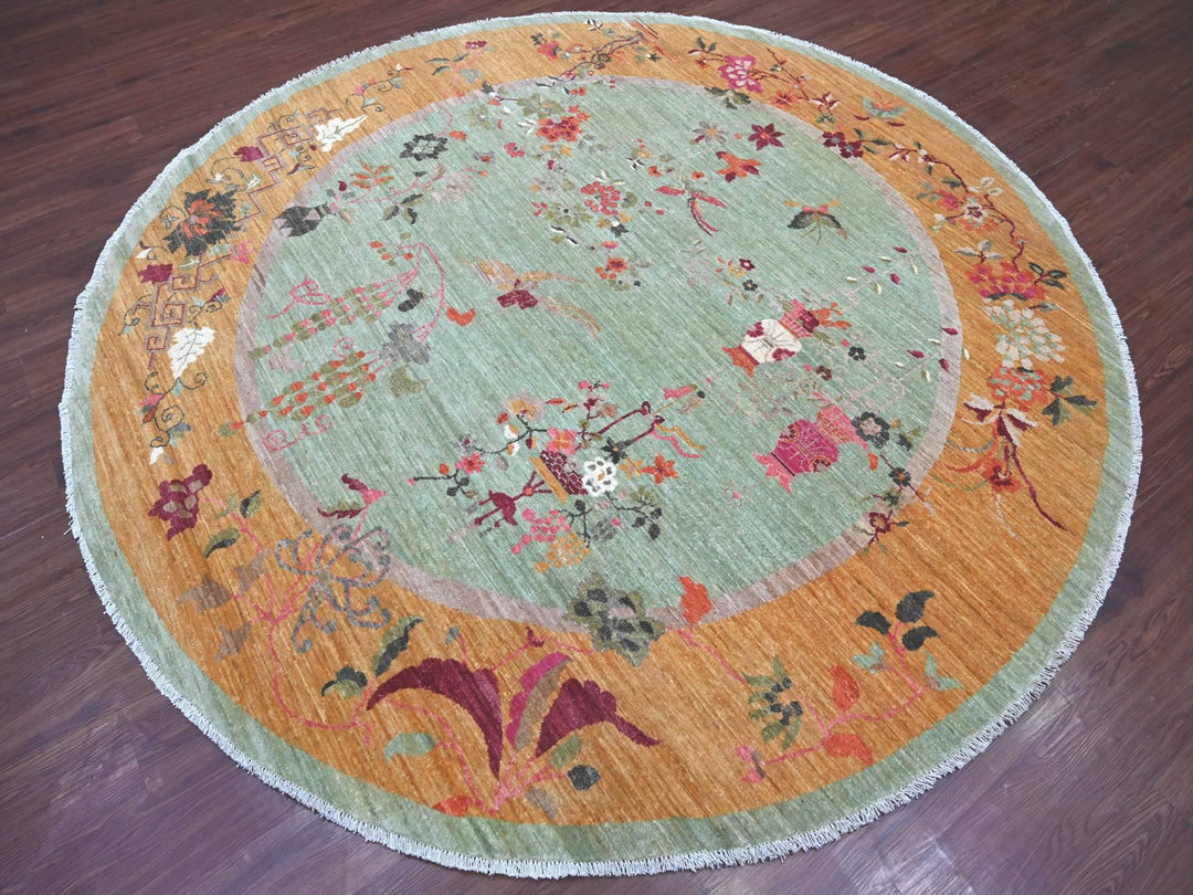 7'11" x 8'2" New Hand Knotted Green Wool Round Oriental Rug - MOA10222334