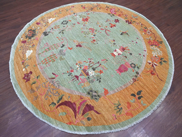 7'11" x 8'2" New Hand Knotted Green Wool Round Oriental Rug - MOA10222334