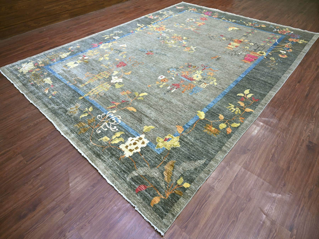 10'1" x 13'9" New Hand Knotted Grey Wool Rectangle Oriental Rug - MOA10222338