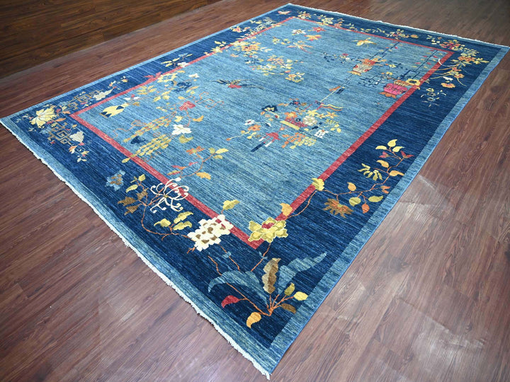 9'11" x 13'8" New Hand Knotted Blue Wool Rectangle Oriental Rug - MOA10222353