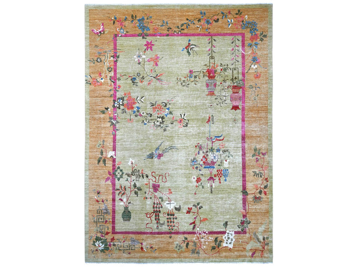 9'11" x 13'9" New Hand Knotted Green Wool Rectangle Oriental Rug - MOA10222354