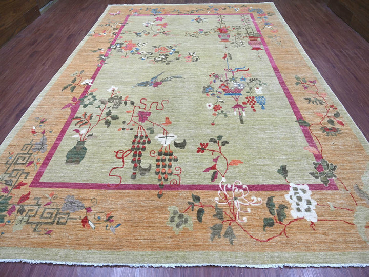 9'11" x 13'9" New Hand Knotted Green Wool Rectangle Oriental Rug - MOA10222354