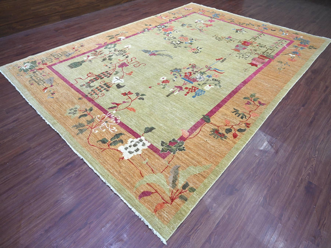 9'11" x 13'9" New Hand Knotted Green Wool Rectangle Oriental Rug - MOA10222354
