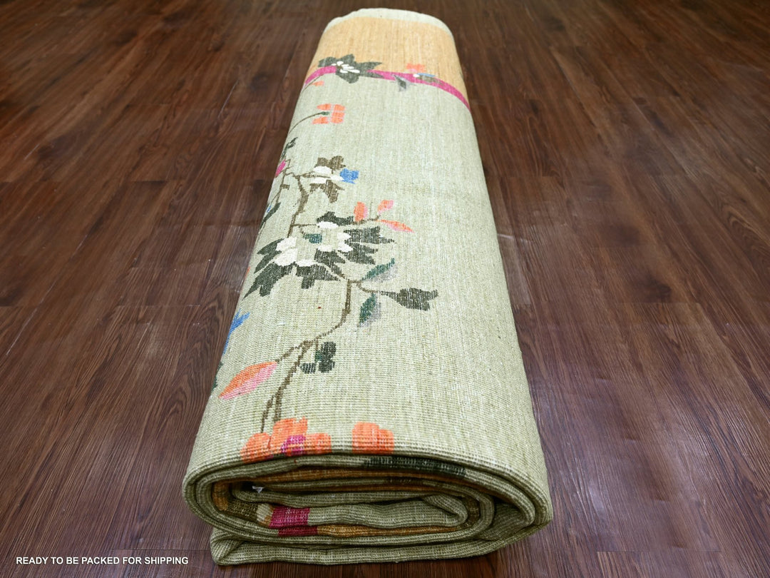9'11" x 13'9" New Hand Knotted Green Wool Rectangle Oriental Rug - MOA10222354