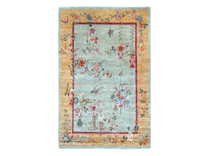 5'10" x 9'0" New Hand Knotted Green Wool Rectangle Oriental Rug - MOA10222356