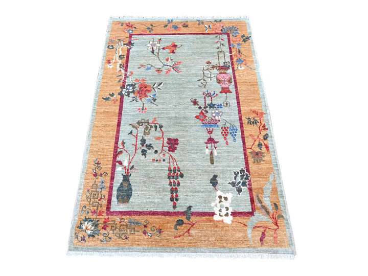 3'2" x 4'9" New Hand Knotted Green Wool Rectangle Oriental Rug - MOA10222357